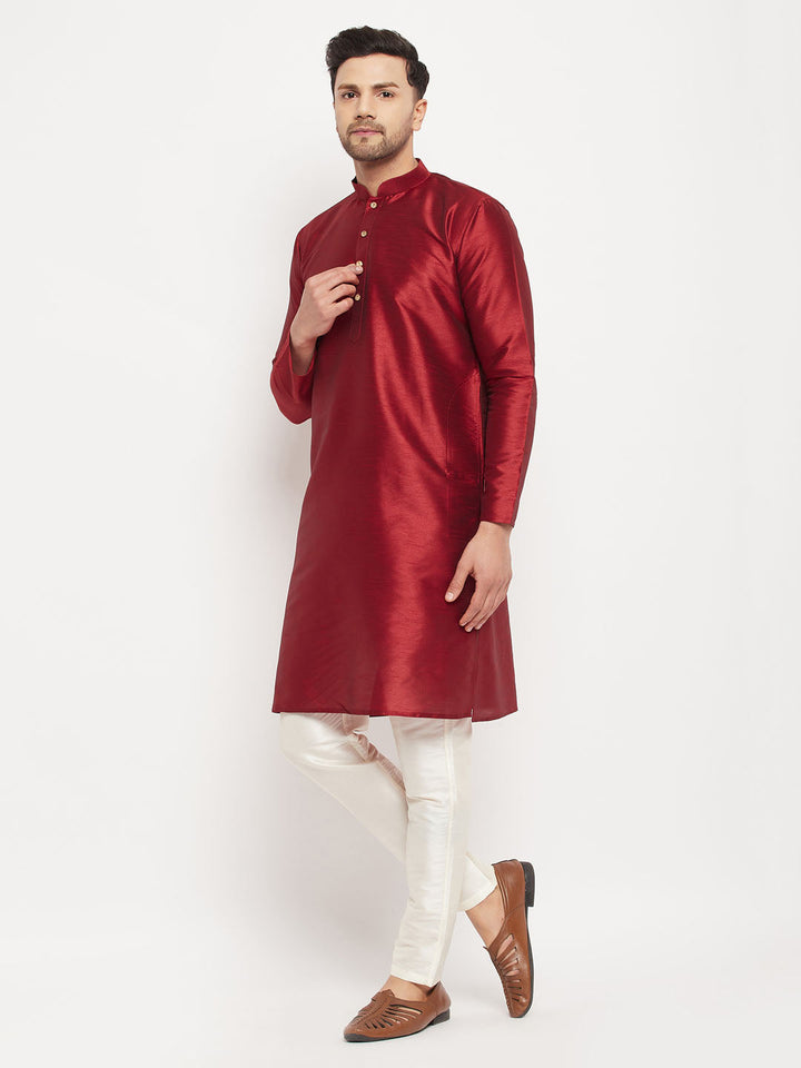 Sarvati Men's Maroon Silk Blend Kurta and Cream Pant Style Pyjama Set