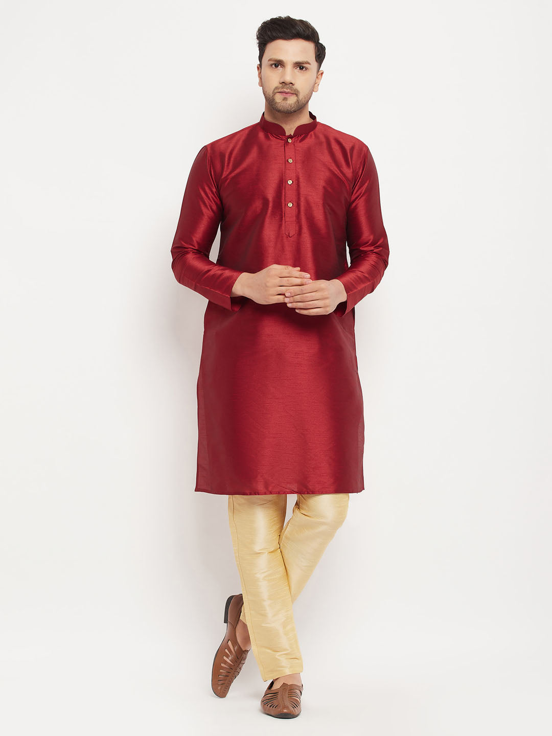 Sarvati Men's Maroon Silk Blend Kurta and Gold Pant Style Pyjama Set