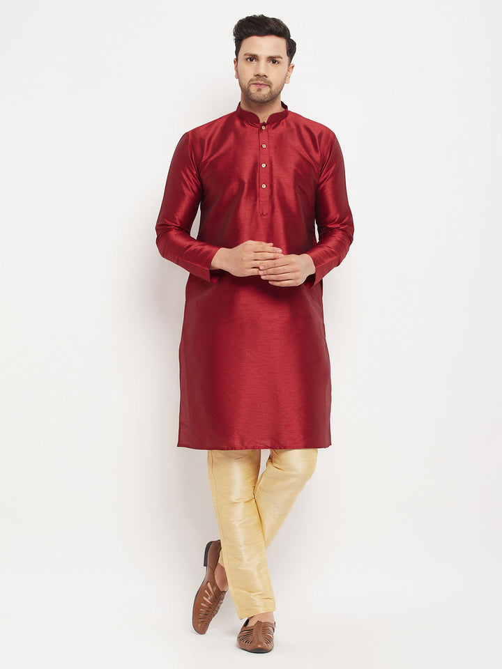 Sarvati Men's Maroon Silk Blend Kurta and Gold Pant Style Pyjama Set