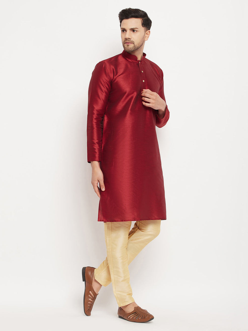 Sarvati Men's Maroon Silk Blend Kurta and Gold Pant Style Pyjama Set