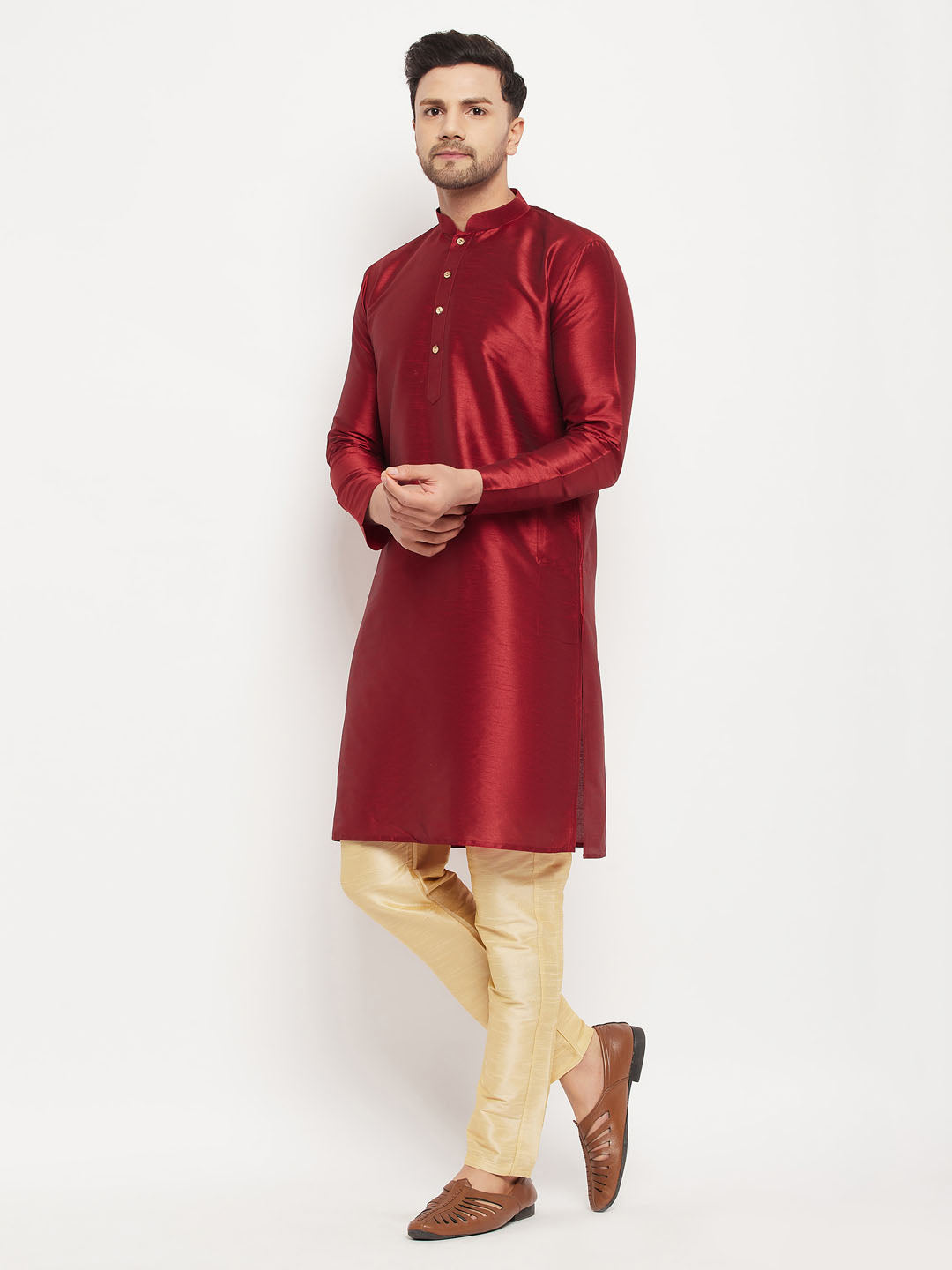 Sarvati Men's Maroon Silk Blend Kurta and Gold Pant Style Pyjama Set