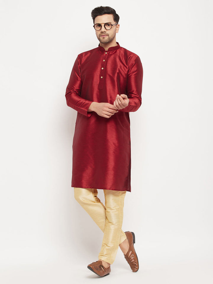 Sarvati Men's Maroon Silk Blend Kurta and Gold Pant Style Pyjama Set