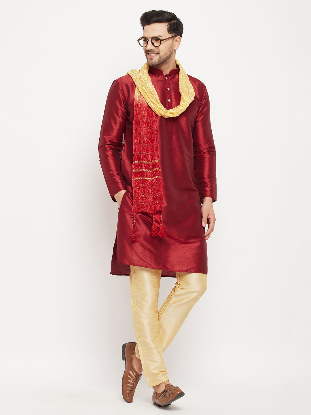 Sarvati Men's Maroon Silk Blend Kurta and Gold Pant Style Pyjama Set With Dupatta