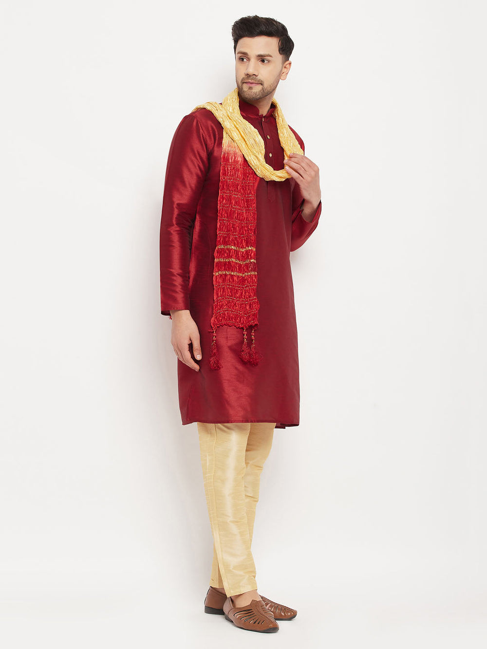 Sarvati Men's Maroon Silk Blend Kurta and Gold Pant Style Pyjama Set With Dupatta