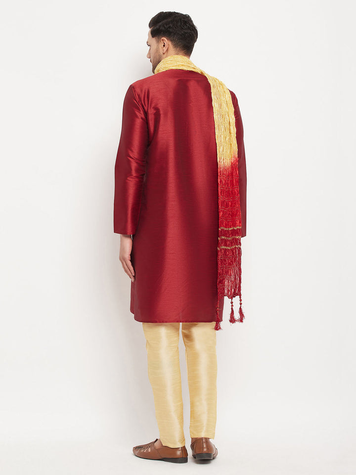 Sarvati Men's Maroon Silk Blend Kurta and Gold Pant Style Pyjama Set With Dupatta
