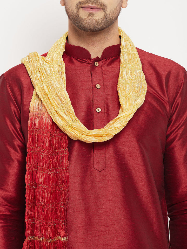 Sarvati Men's Maroon Silk Blend Kurta and Gold Pant Style Pyjama Set With Dupatta