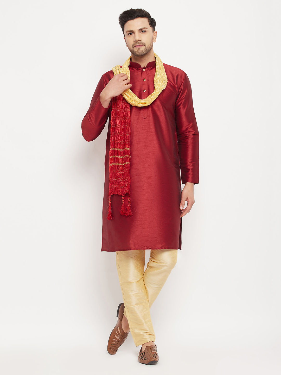 Sarvati Men's Maroon Silk Blend Kurta and Gold Pant Style Pyjama Set With Dupatta