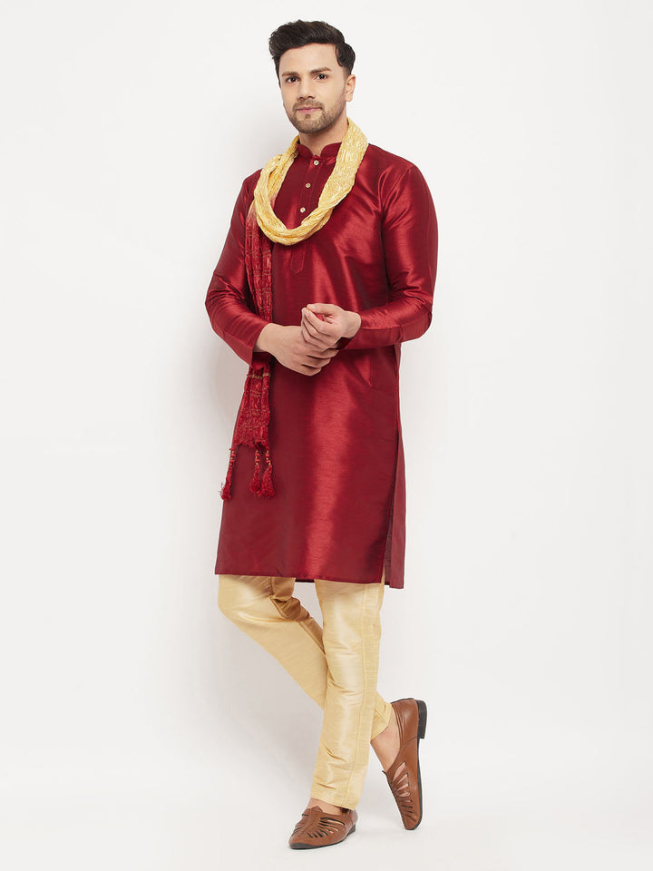 Sarvati Men's Maroon Silk Blend Kurta and Gold Pant Style Pyjama Set With Dupatta