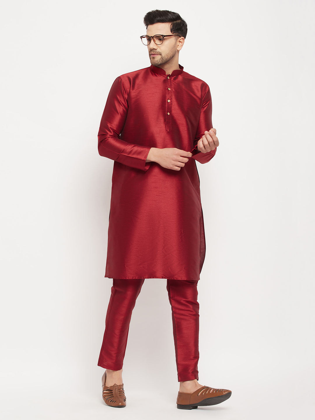 Sarvati Men's Maroon Silk Blend Kurta and Maroon Pant Style Pyjama Set