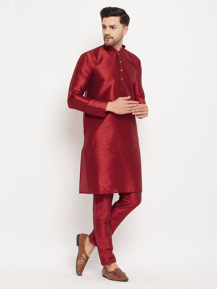 Sarvati Men's Maroon Silk Blend Kurta and Maroon Pant Style Pyjama Set