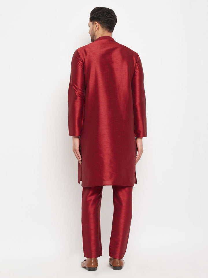 Sarvati Men's Maroon Silk Blend Kurta and Maroon Pant Style Pyjama Set