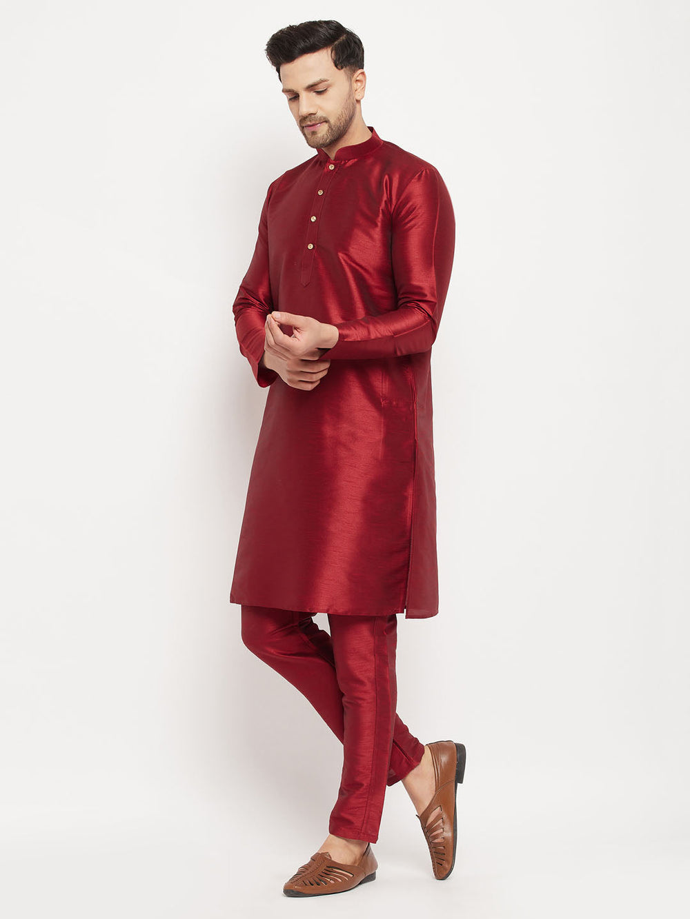 Sarvati Men's Maroon Silk Blend Kurta and Maroon Pant Style Pyjama Set