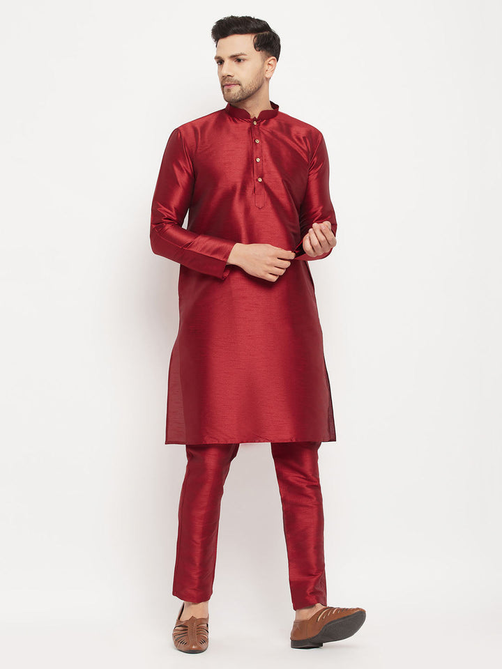 Sarvati Men's Maroon Silk Blend Kurta and Maroon Pant Style Pyjama Set