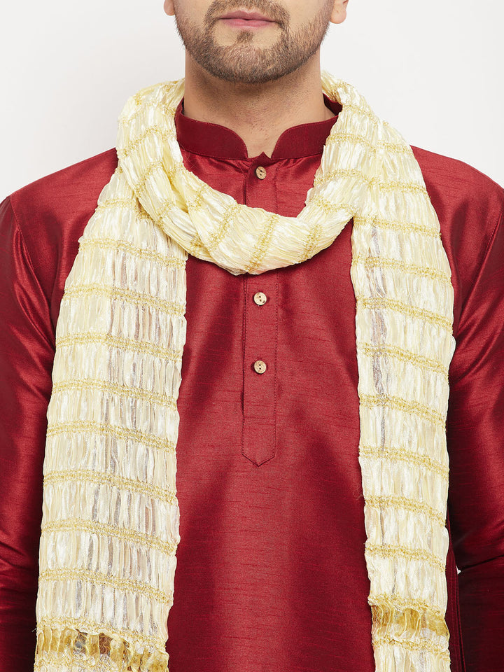 Sarvati Men's Maroon Silk Blend Kurta and Maroon Pant Style Pyjama Set With Dupatta