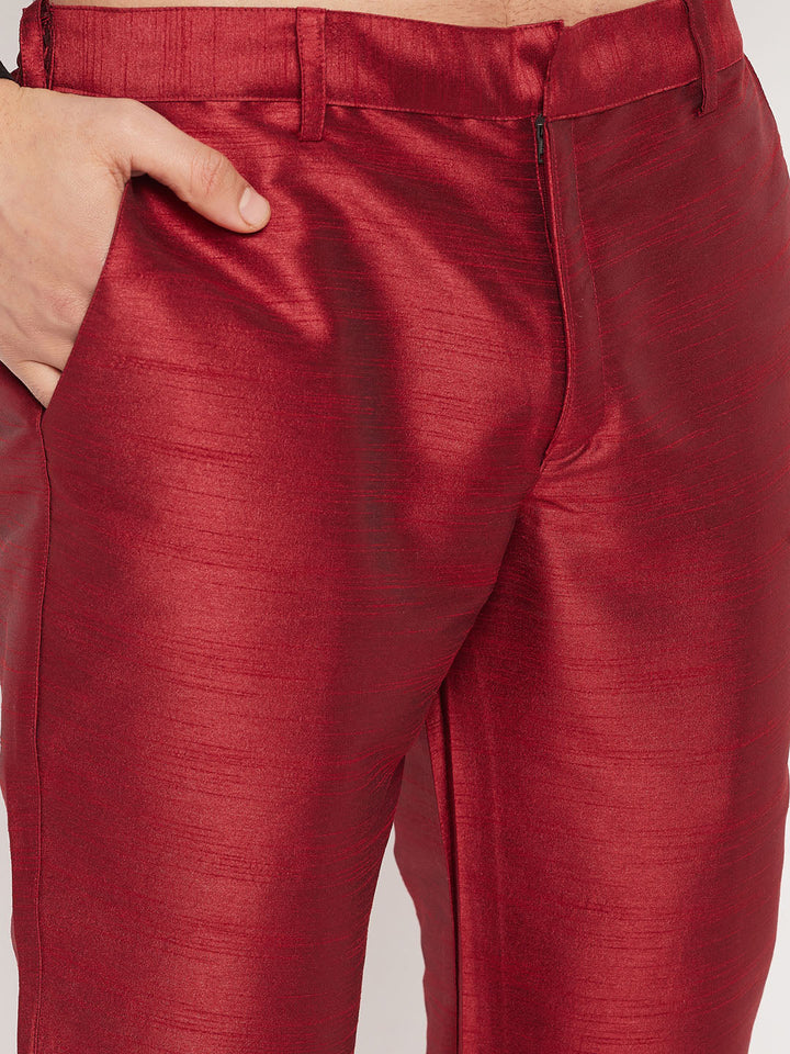 Sarvati Men's Maroon Silk Blend Kurta and Maroon Pant Style Pyjama Set With Dupatta