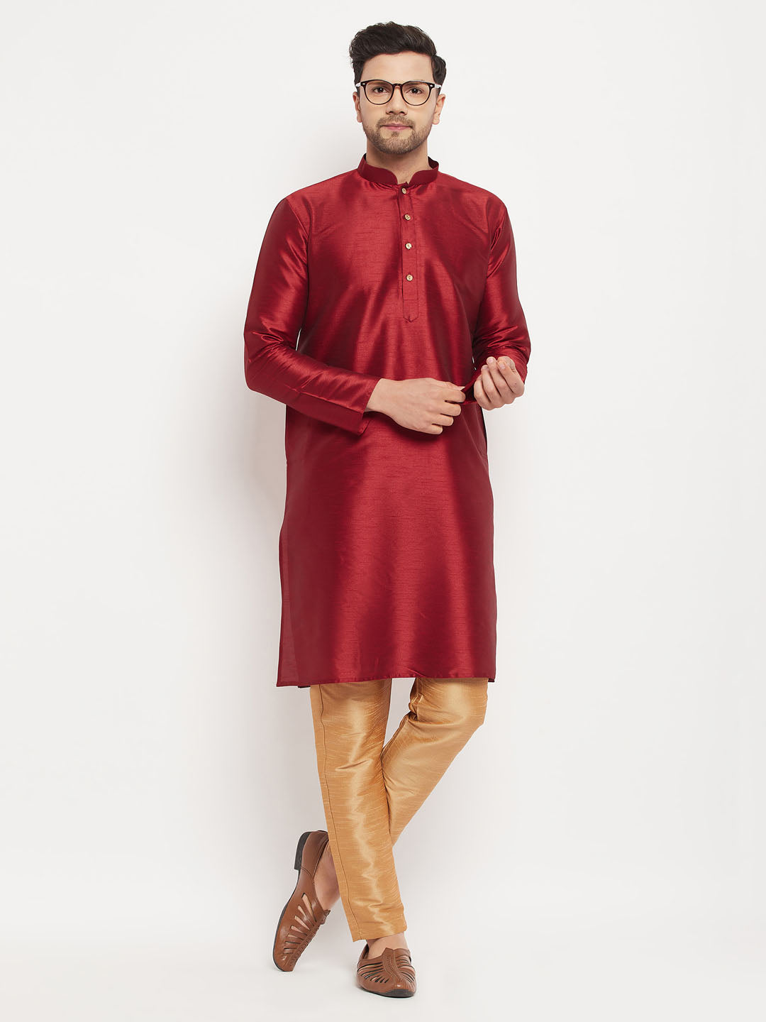 Sarvati Men's Maroon Silk Blend Kurta and Rose Gold Pant Style Pyjama Set