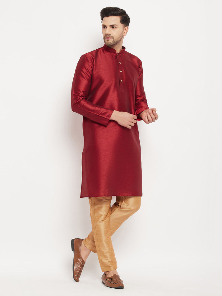 Sarvati Men's Maroon Silk Blend Kurta and Rose Gold Pant Style Pyjama Set