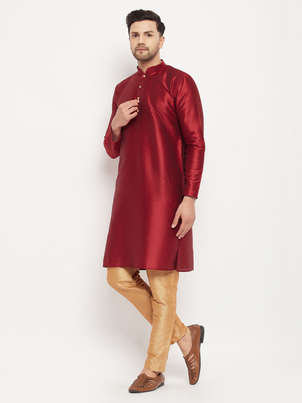 Sarvati Men's Maroon Silk Blend Kurta and Rose Gold Pant Style Pyjama Set