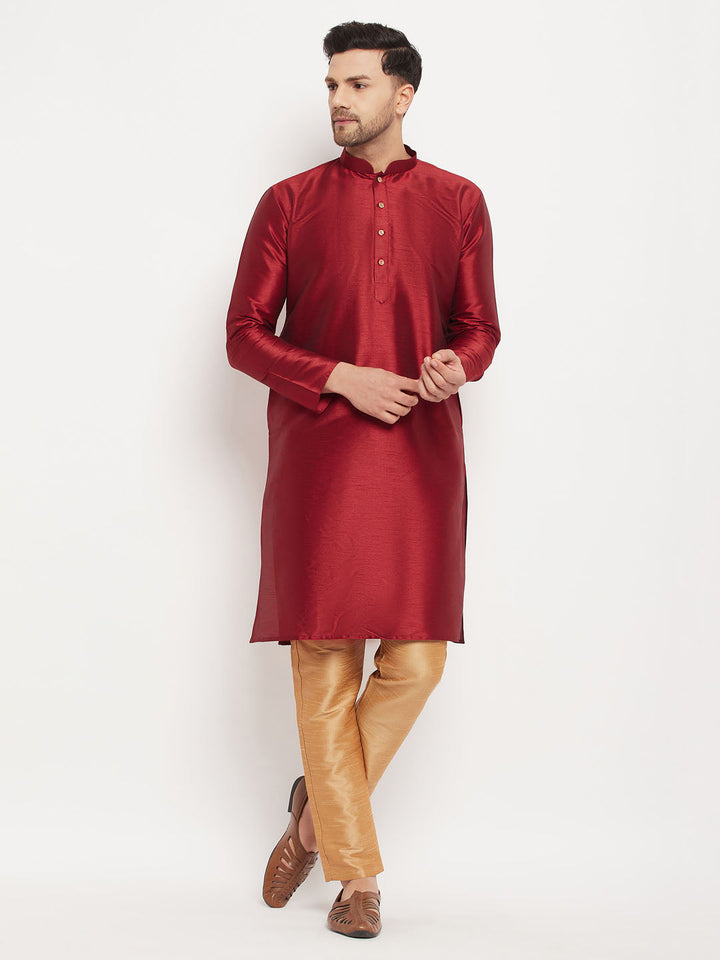 Sarvati Men's Maroon Silk Blend Kurta and Rose Gold Pant Style Pyjama Set