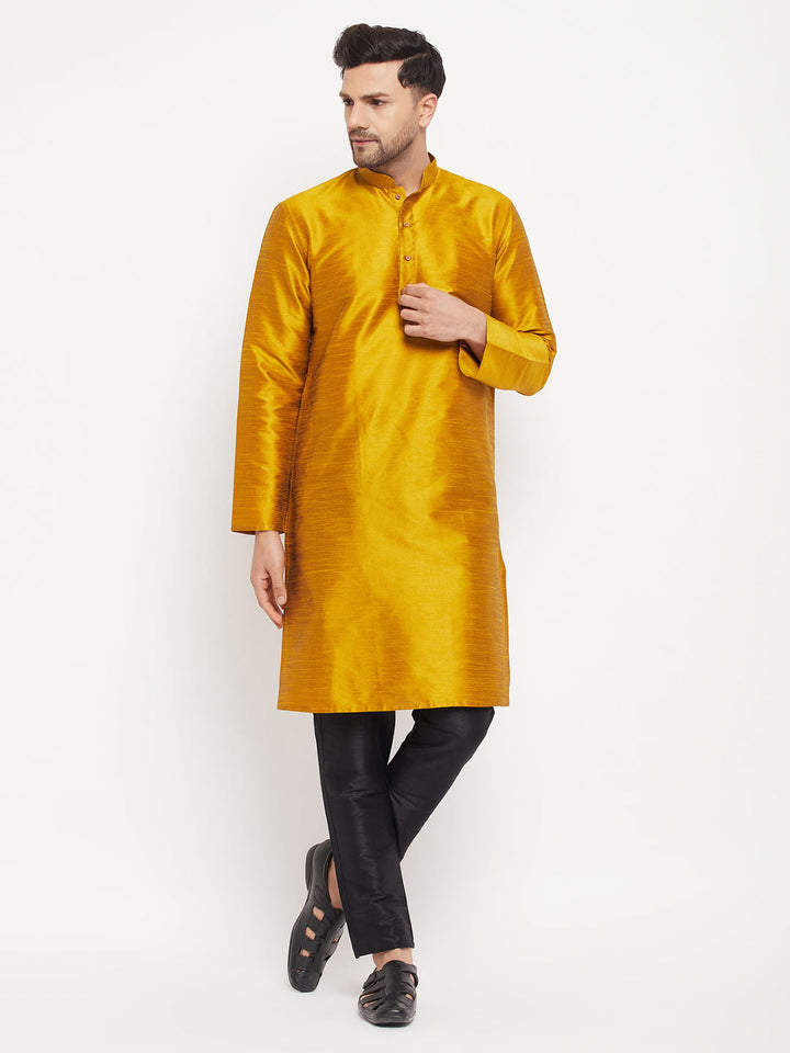 Sarvati Men's Mustard Silk Blend Kurta and Black Pant Style Pyjama Set