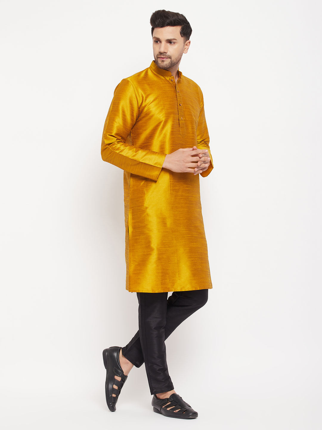 Sarvati Men's Mustard Silk Blend Kurta and Black Pant Style Pyjama Set