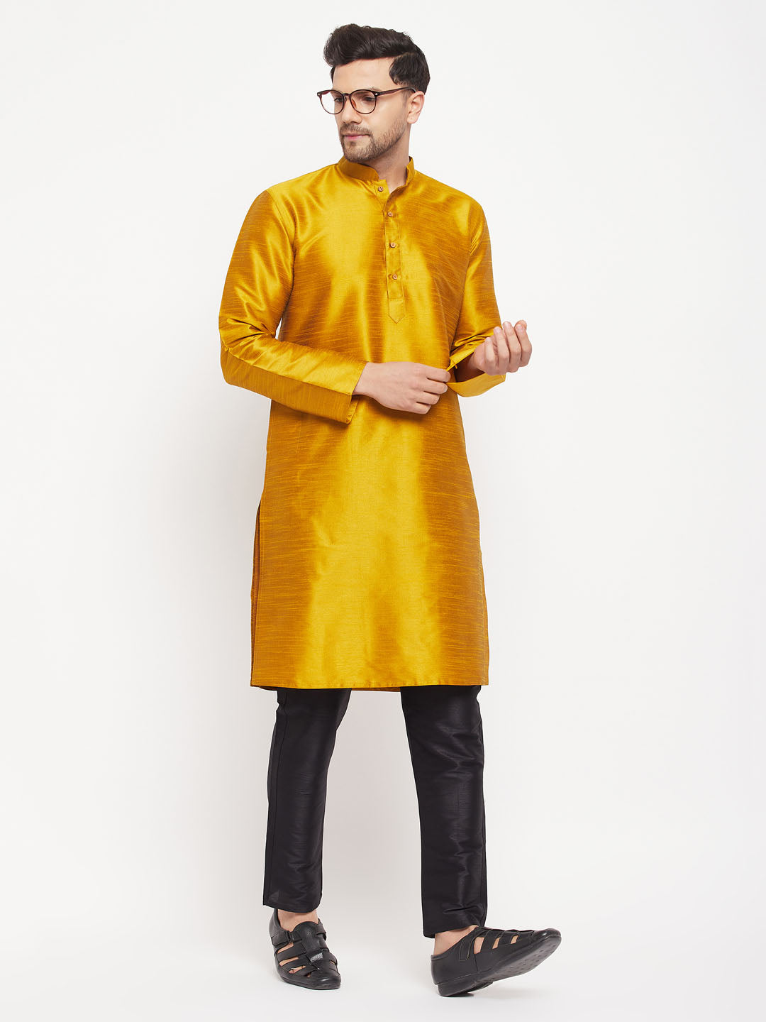 Sarvati Men's Mustard Silk Blend Kurta and Black Pant Style Pyjama Set