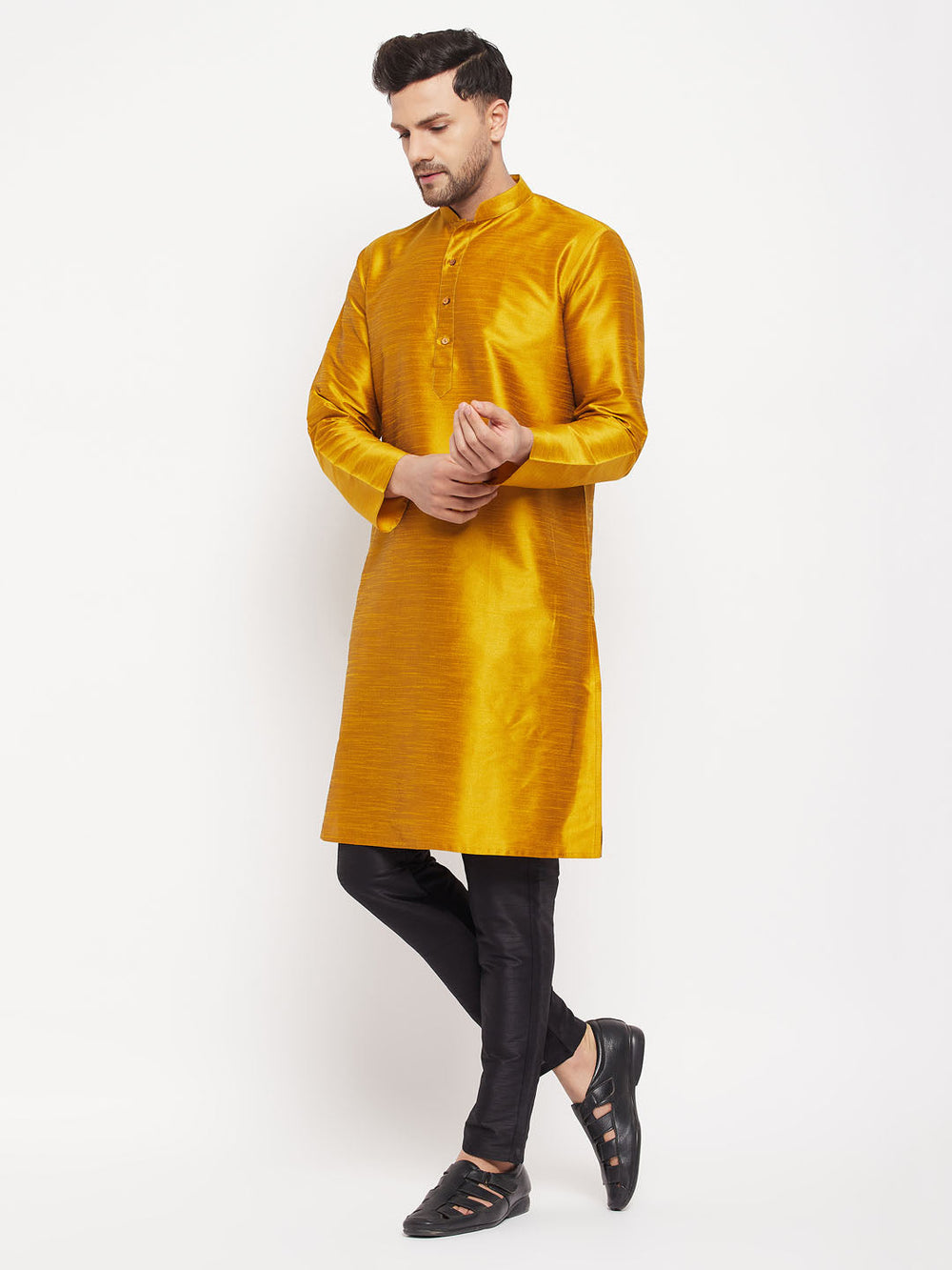 Sarvati Men's Mustard Silk Blend Kurta and Black Pant Style Pyjama Set