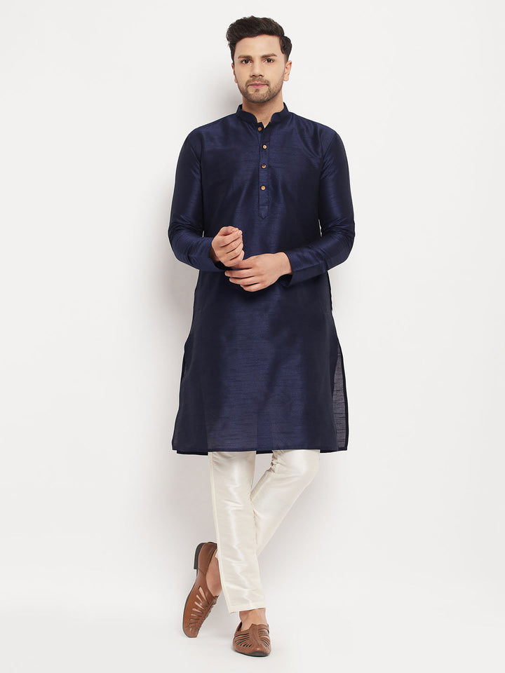 Sarvati Men's Navy Blue Silk Blend Kurta and Cream Pant Style Pyjama Set