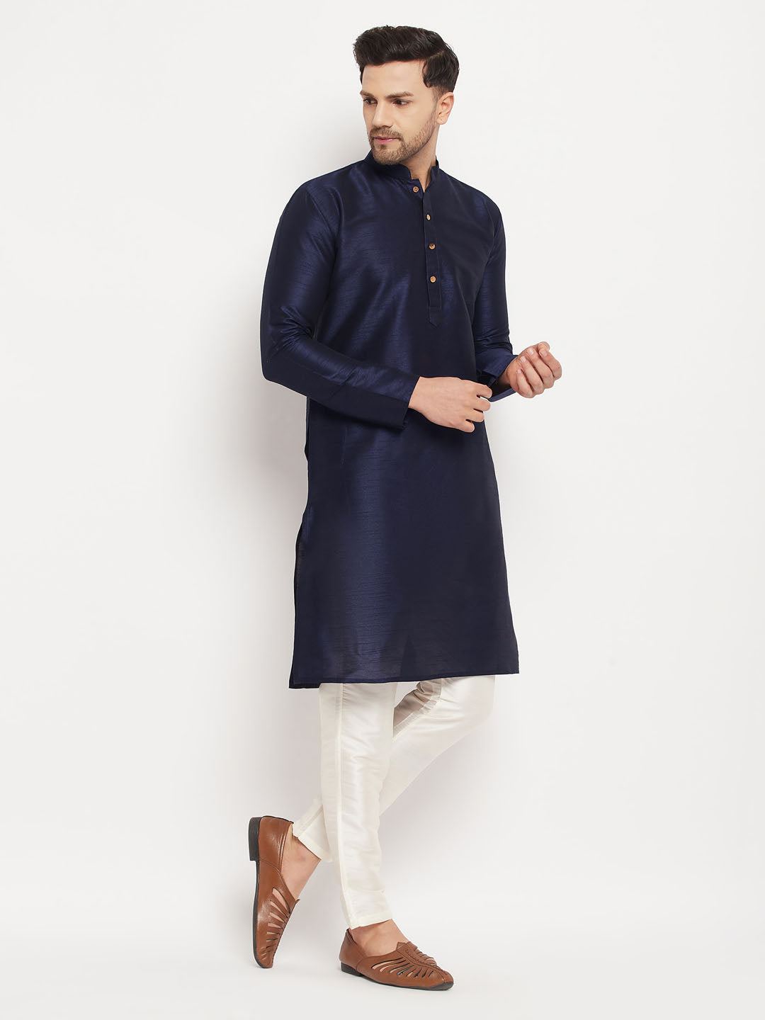 Sarvati Men's Navy Blue Silk Blend Kurta and Cream Pant Style Pyjama Set