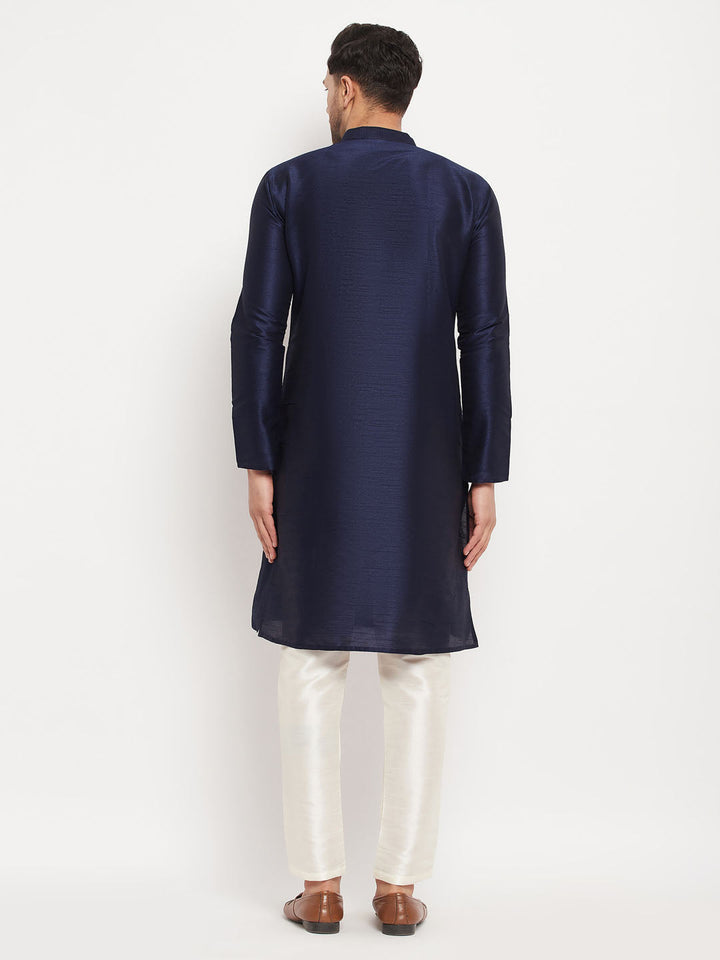 Sarvati Men's Navy Blue Silk Blend Kurta and Cream Pant Style Pyjama Set