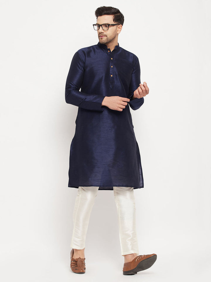 Sarvati Men's Navy Blue Silk Blend Kurta and Cream Pant Style Pyjama Set