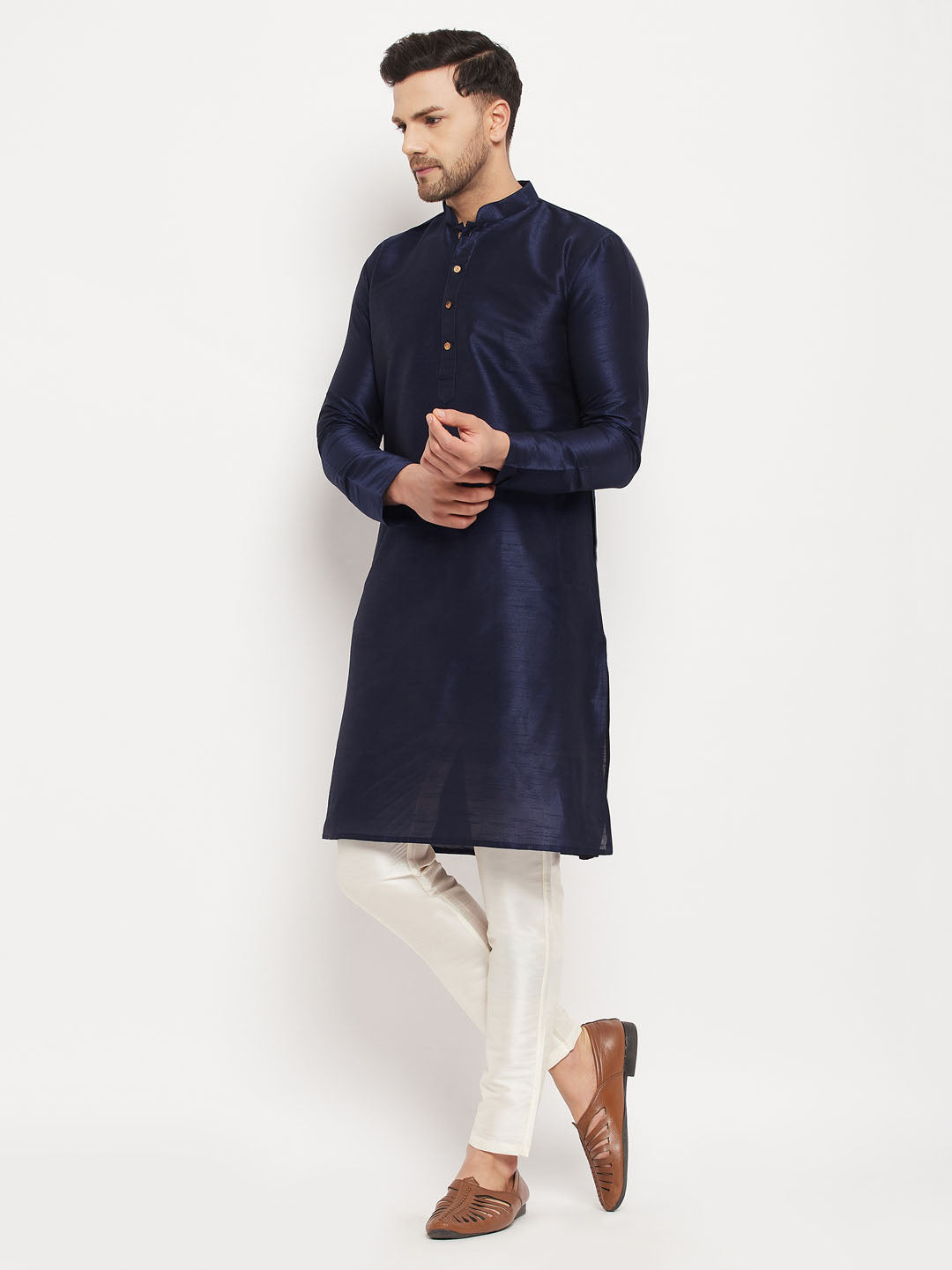 Sarvati Men's Navy Blue Silk Blend Kurta and Cream Pant Style Pyjama Set