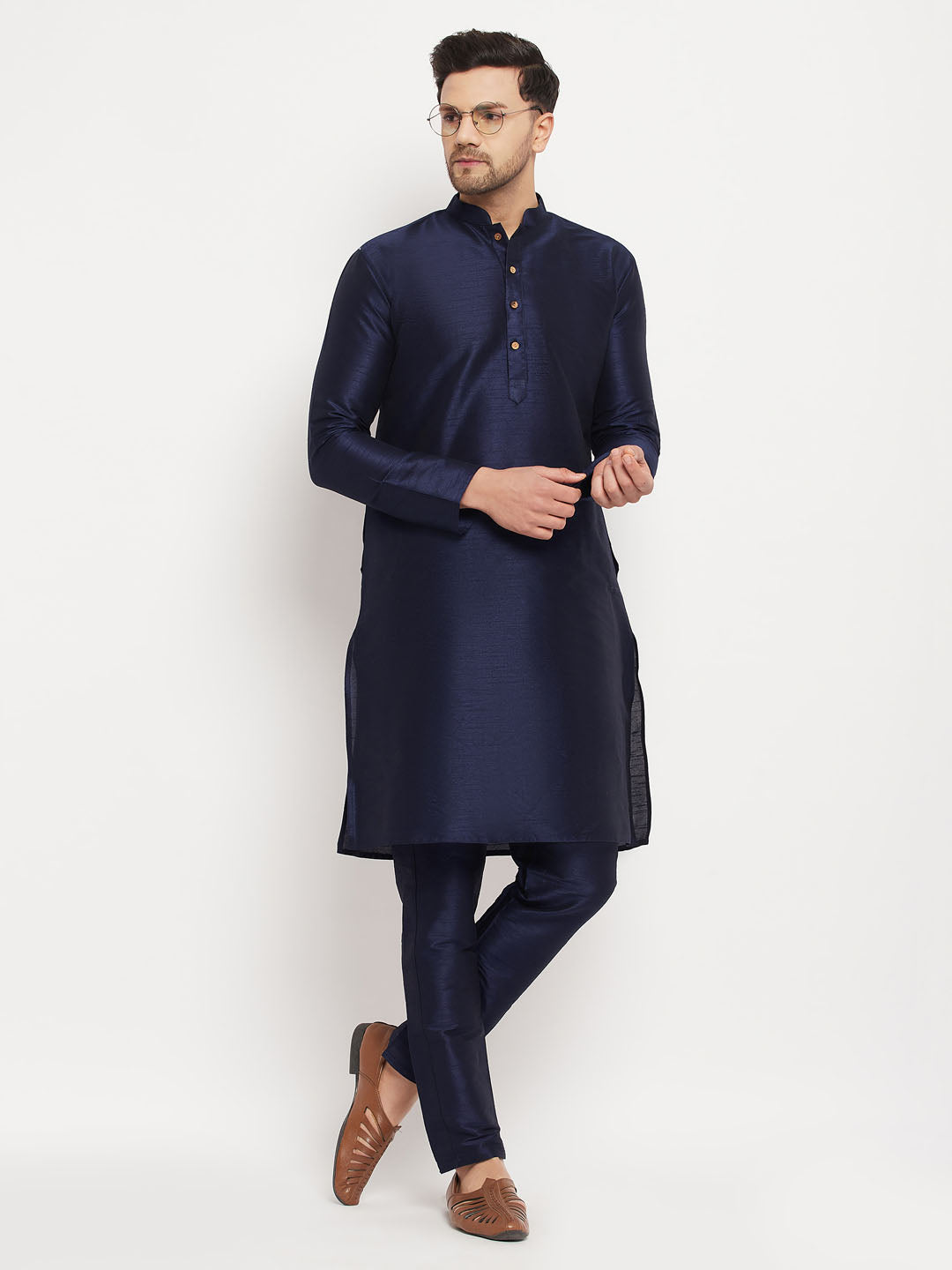 Sarvati Men's Navy Blue Silk Blend Kurta and Navy Blue Pant Style Pyjama Set