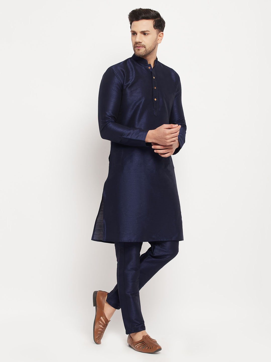 Sarvati Men's Navy Blue Silk Blend Kurta and Navy Blue Pant Style Pyjama Set