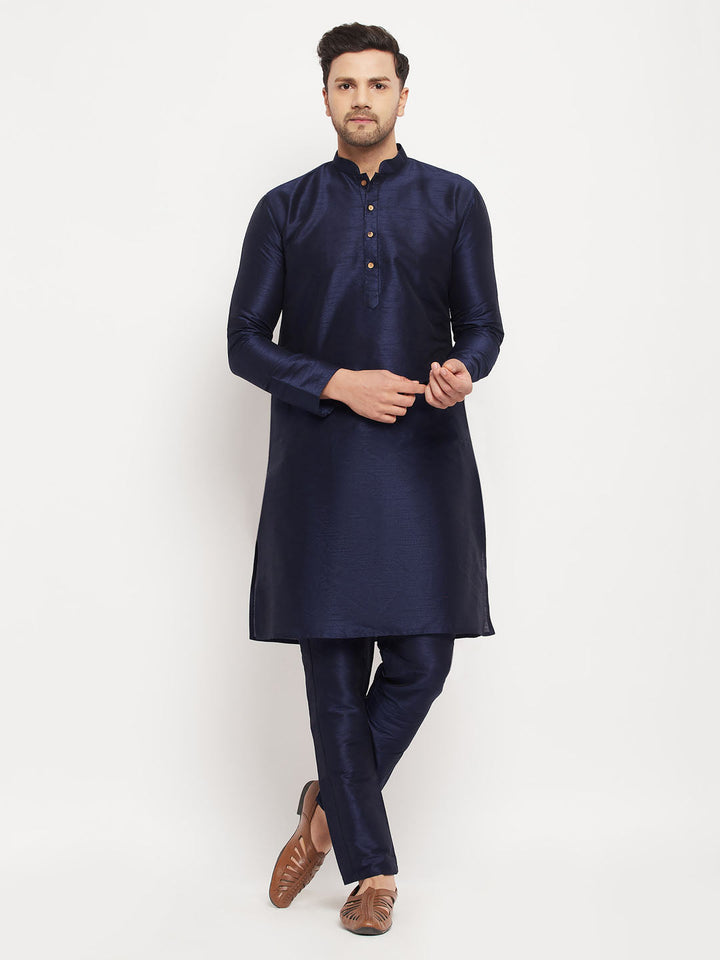 Sarvati Men's Navy Blue Silk Blend Kurta and Navy Blue Pant Style Pyjama Set