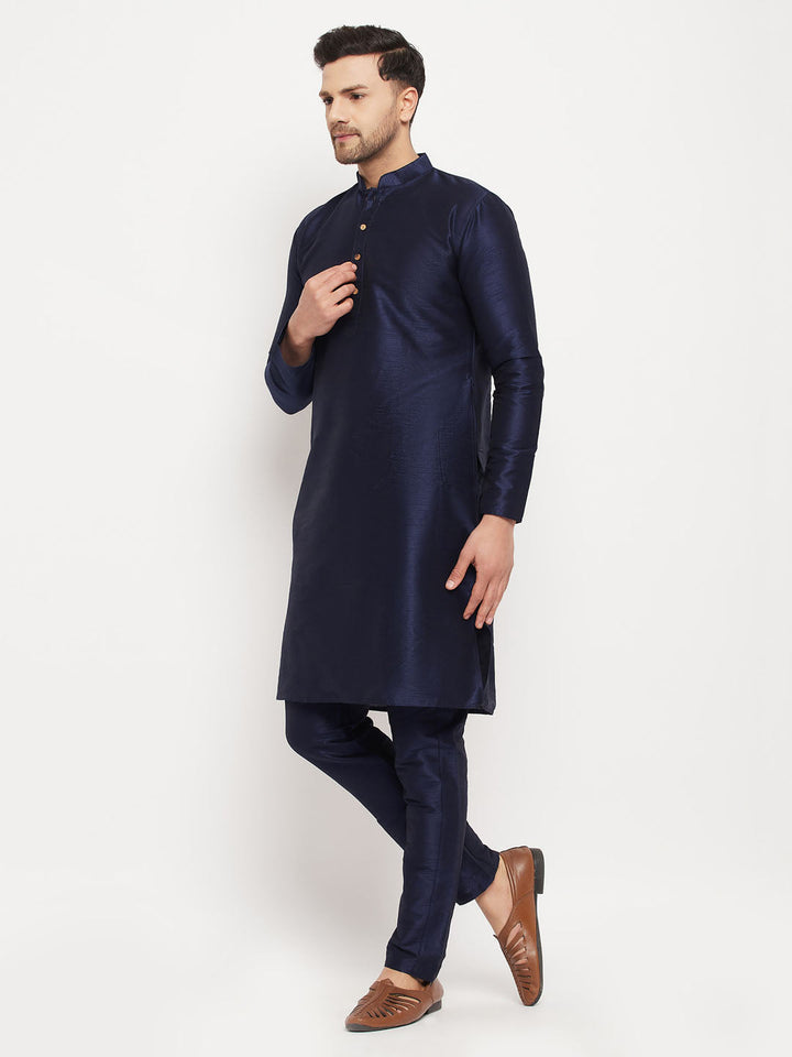 Sarvati Men's Navy Blue Silk Blend Kurta and Navy Blue Pant Style Pyjama Set