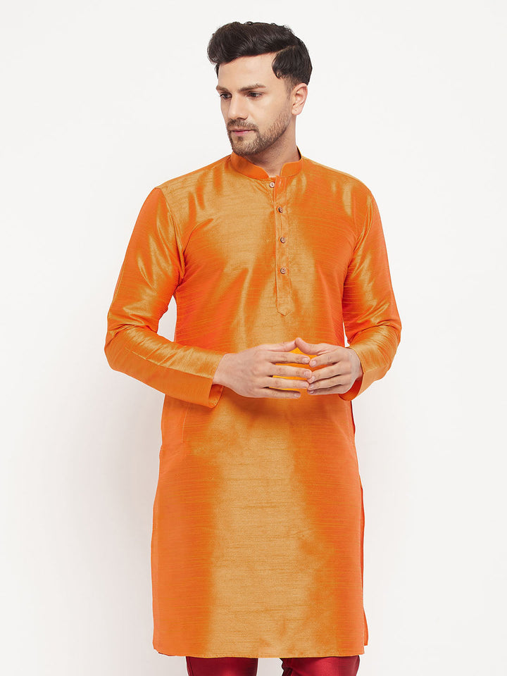 Men's Orange Cotton Silk Blend Kurta