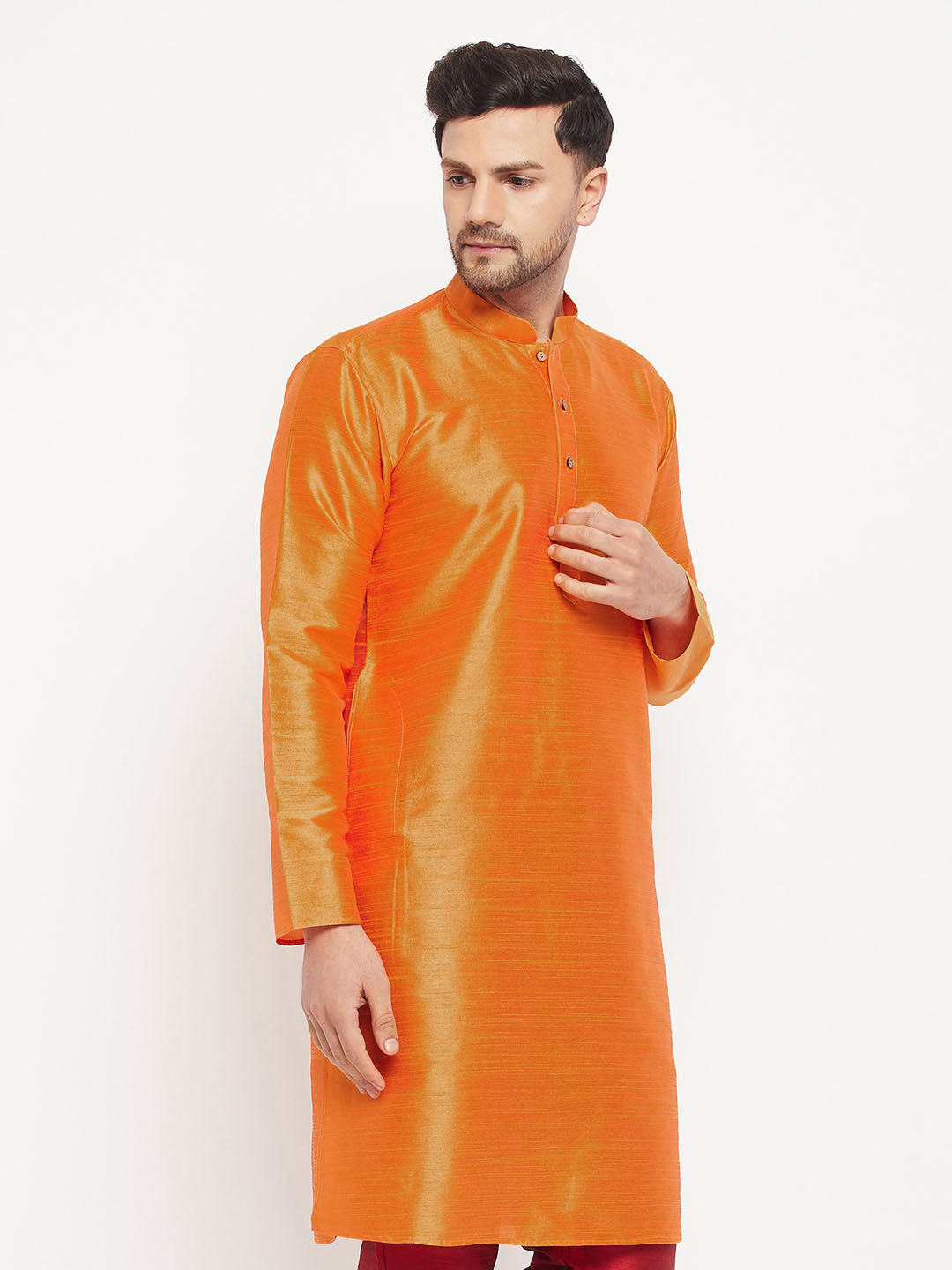Men's Orange Cotton Silk Blend Kurta