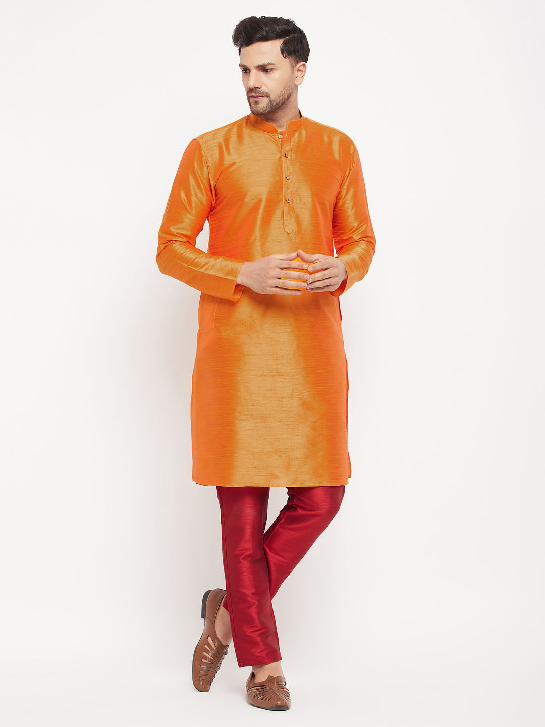 Sarvati Men's Orange Silk Blend Kurta and Maroon Pant Style Pyjama Set