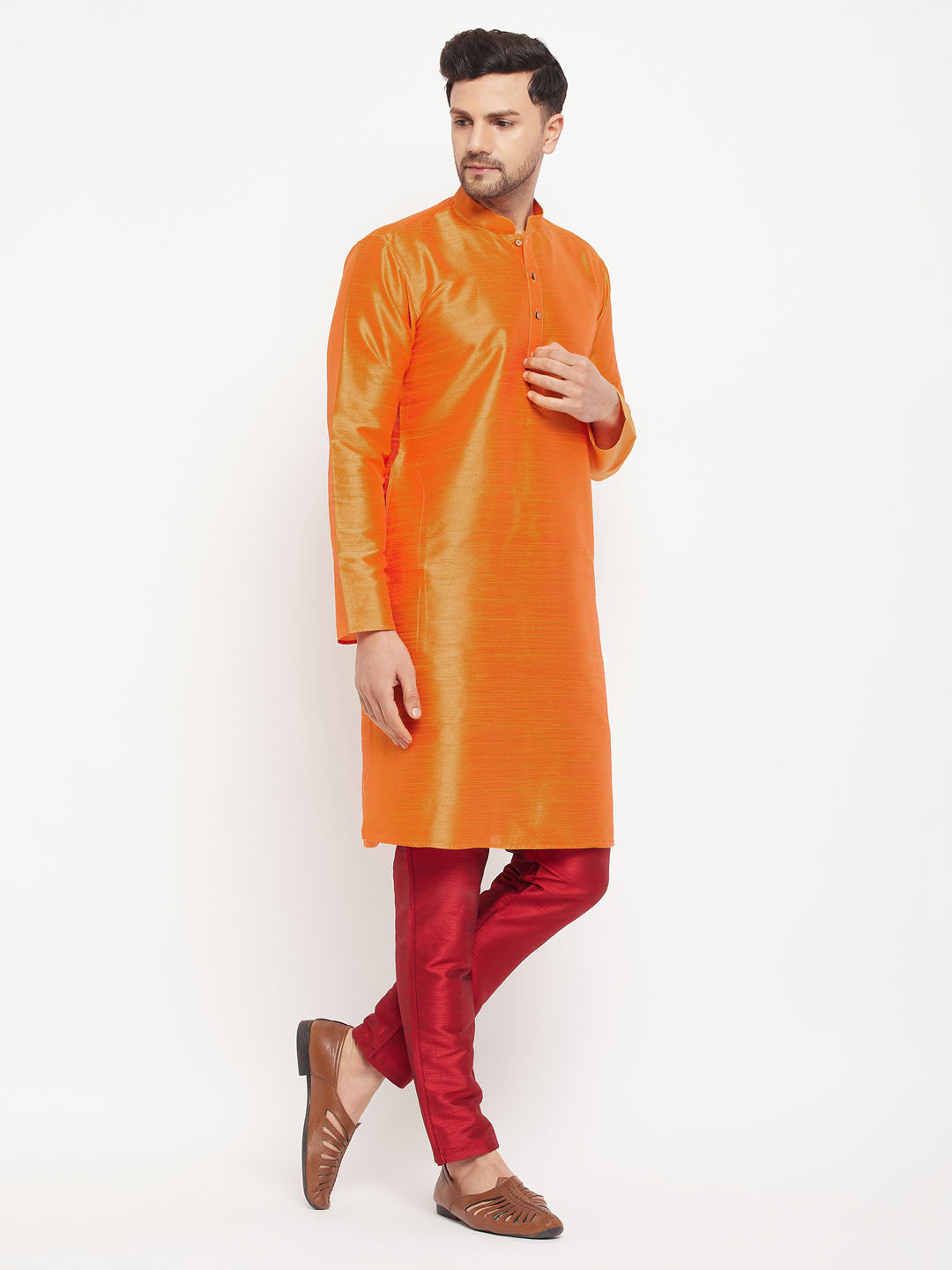 Sarvati Men's Orange Silk Blend Kurta and Maroon Pant Style Pyjama Set