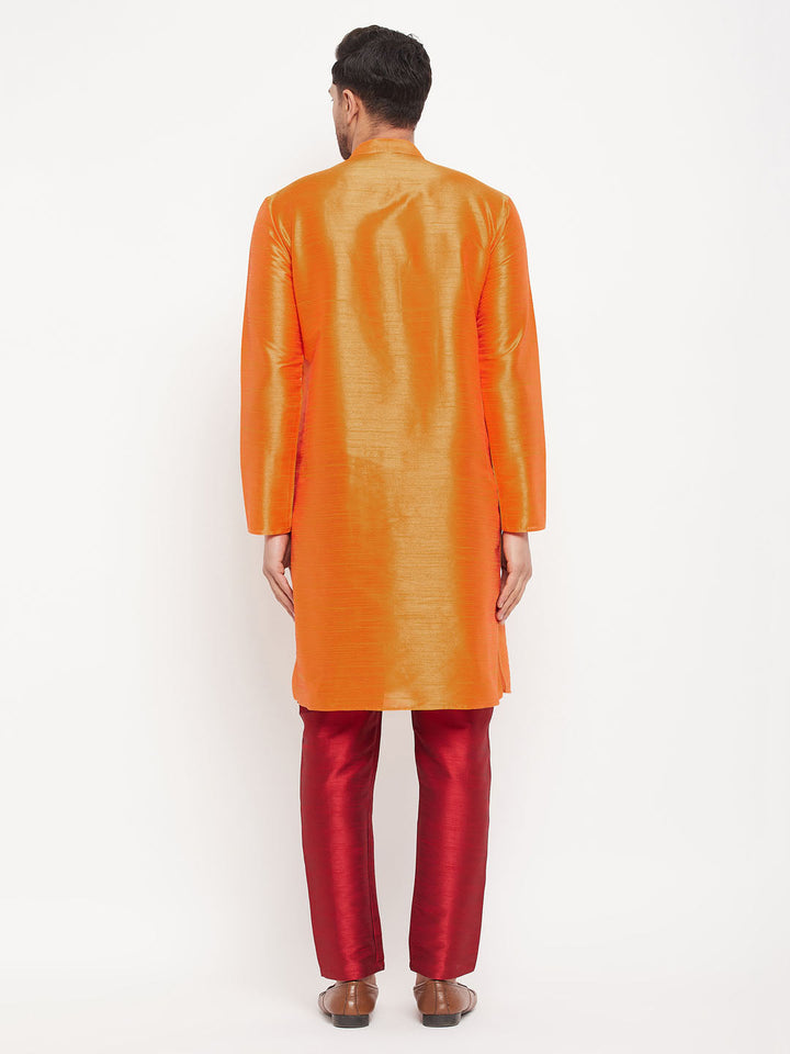 Sarvati Men's Orange Silk Blend Kurta and Maroon Pant Style Pyjama Set