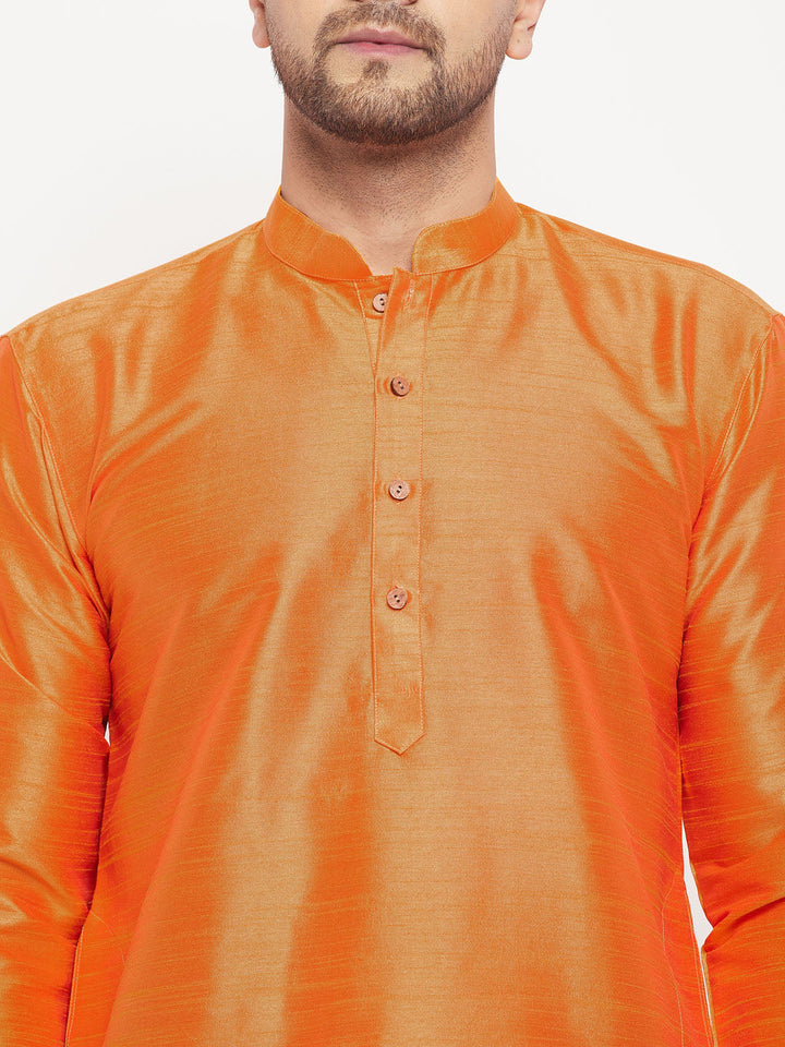 Sarvati Men's Orange Silk Blend Kurta and Maroon Pant Style Pyjama Set