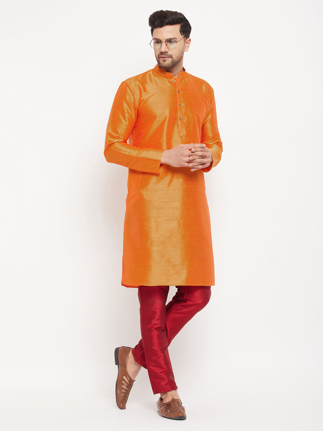 Sarvati Men's Orange Silk Blend Kurta and Maroon Pant Style Pyjama Set