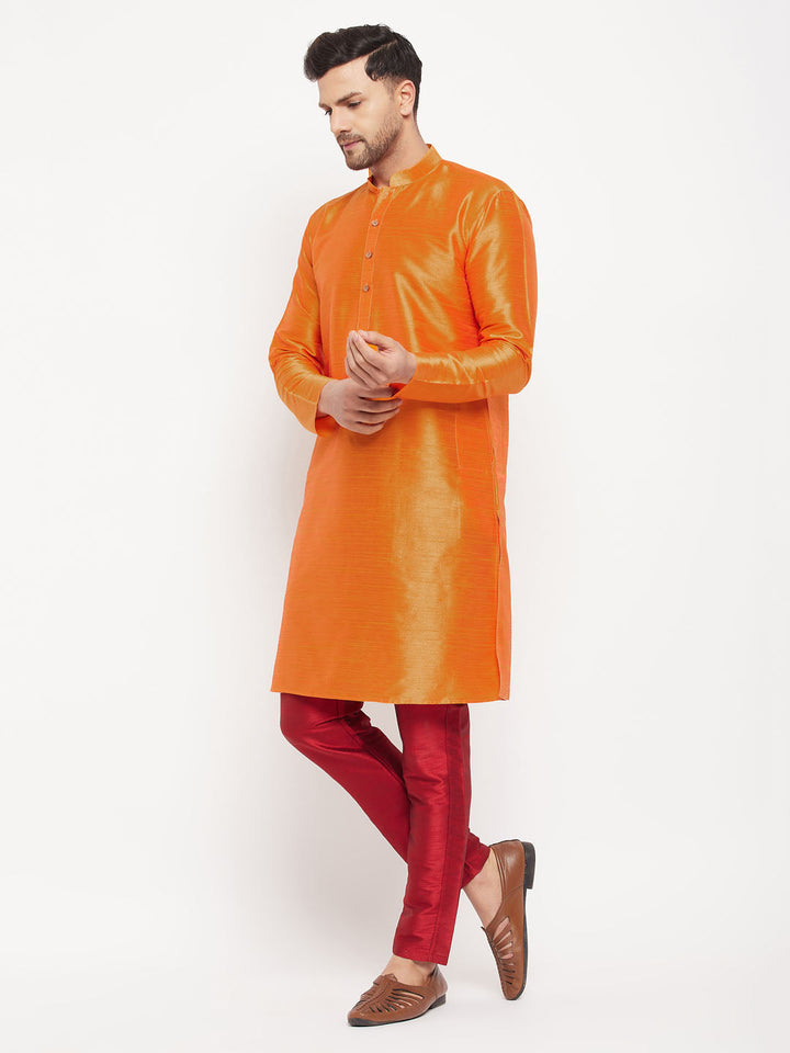 Sarvati Men's Orange Silk Blend Kurta and Maroon Pant Style Pyjama Set