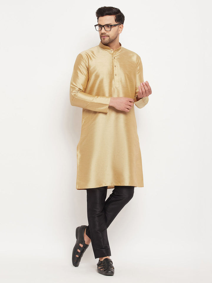 Sarvati Men's Rose Gold Silk Blend Kurta and Black Pant Style Pyjama Set