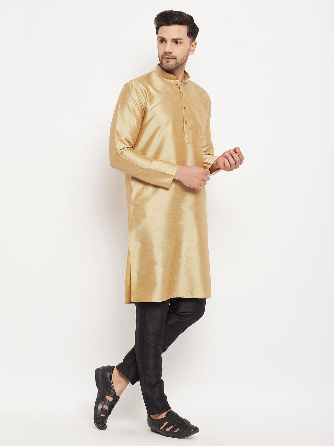 Sarvati Men's Rose Gold Silk Blend Kurta and Black Pant Style Pyjama Set