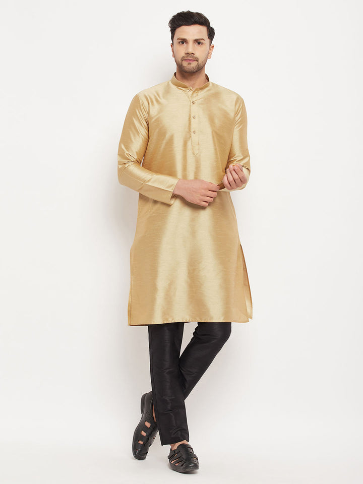 Sarvati Men's Rose Gold Silk Blend Kurta and Black Pant Style Pyjama Set