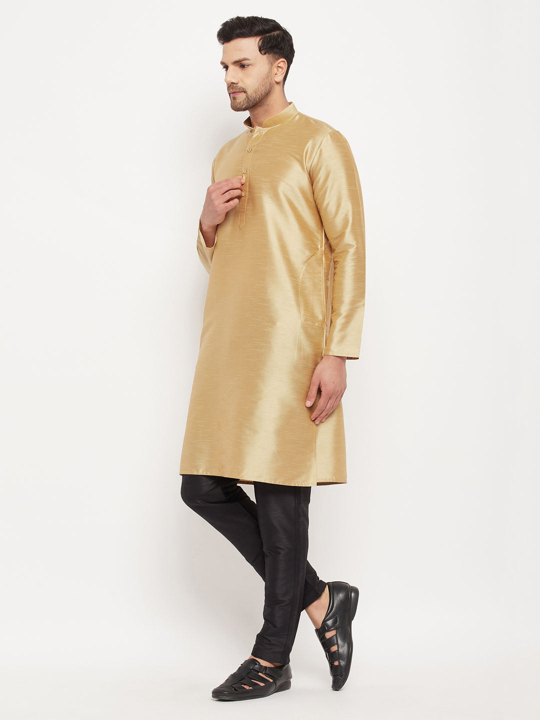 Sarvati Men's Rose Gold Silk Blend Kurta and Black Pant Style Pyjama Set