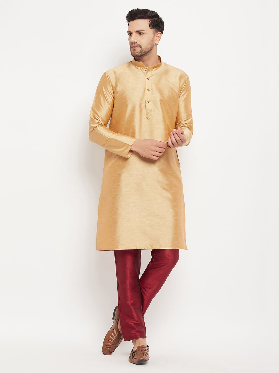 Sarvati Men's Rose Gold Silk Blend Kurta and Maroon Pant Style Pyjama Set