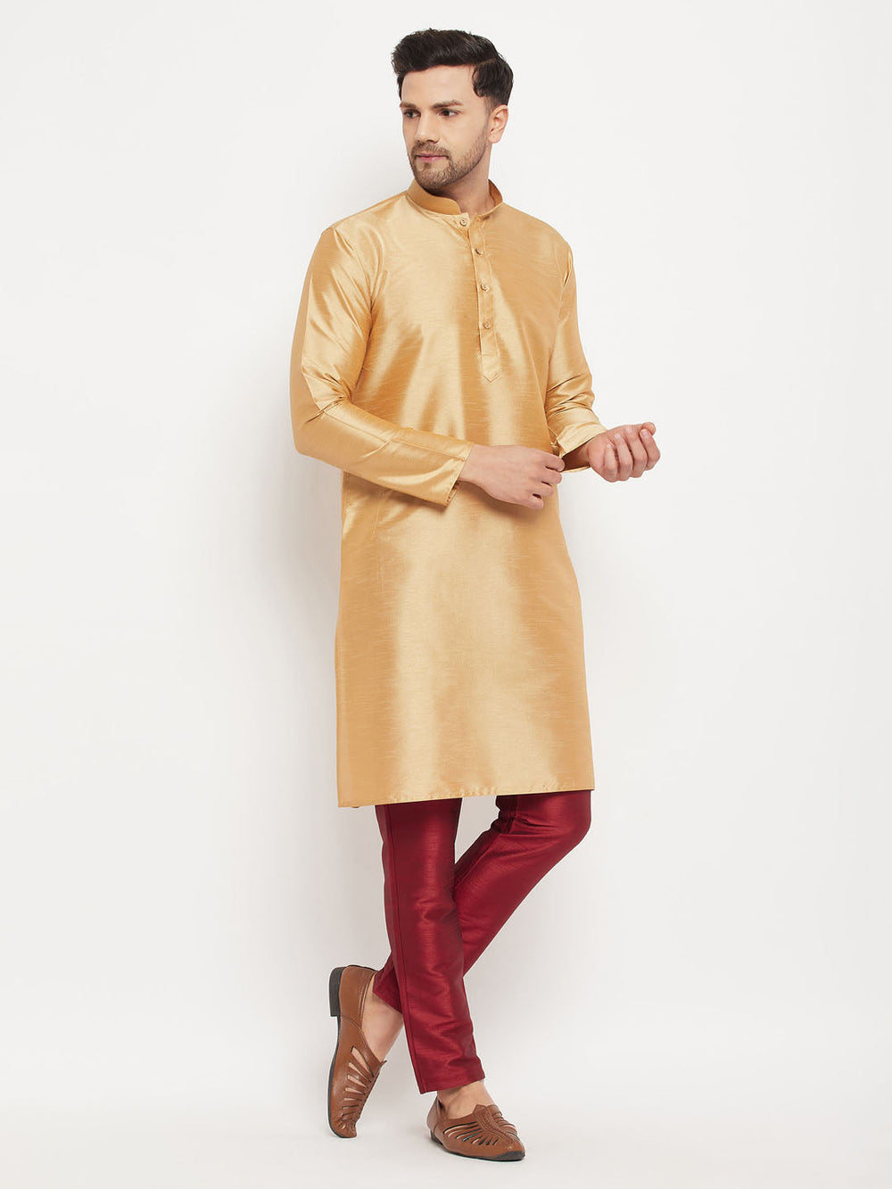 Sarvati Men's Rose Gold Silk Blend Kurta and Maroon Pant Style Pyjama Set